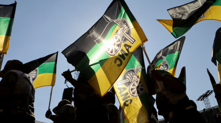 Supporters of the African National Congress (ANC) wave party flags. Reuters
