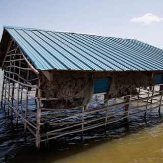 A shelter partly submerged by floodwater in South Sudan in November 2023, in Bentiu, Unity State.