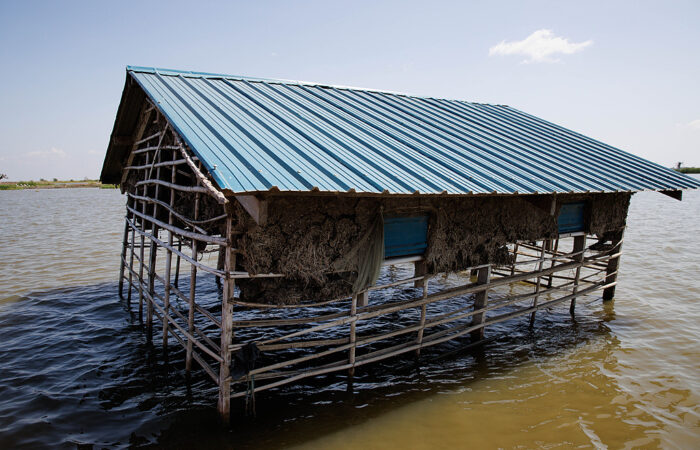 A shelter partly submerged by floodwater in South Sudan in November 2023, in Bentiu, Unity State.