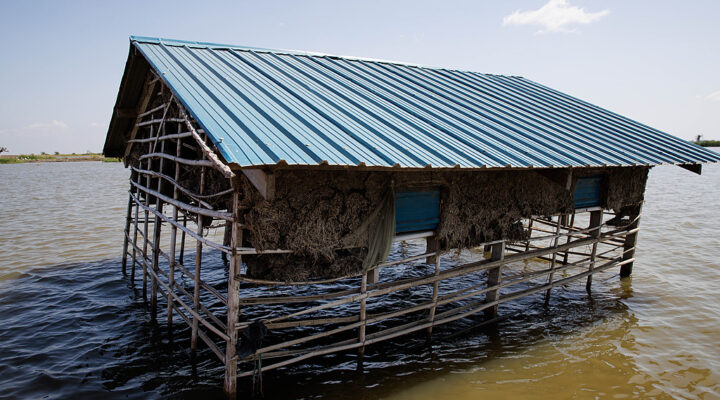 A shelter partly submerged by floodwater in South Sudan in November 2023, in Bentiu, Unity State.