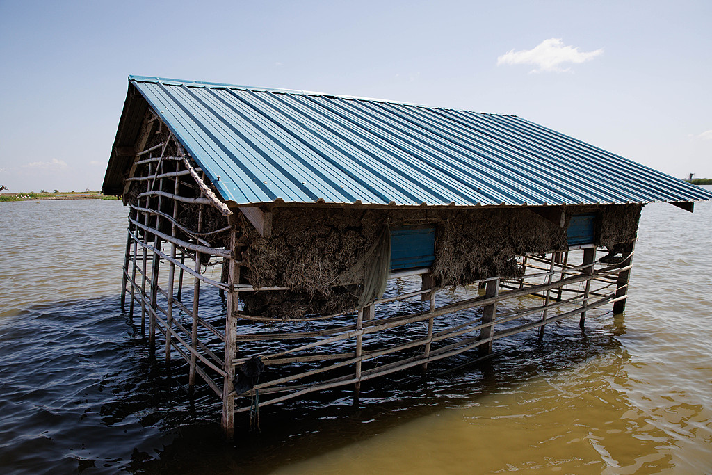 A shelter partly submerged by floodwater in South Sudan in November 2023, in Bentiu, Unity State.